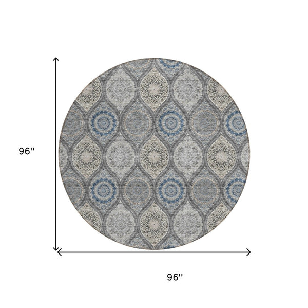 HomeRoots 5' Versatile Gray Ivory and Navy Blue Floral Medallion Area Rug for Indoor and Outdoor Spaces 8' Round 614589