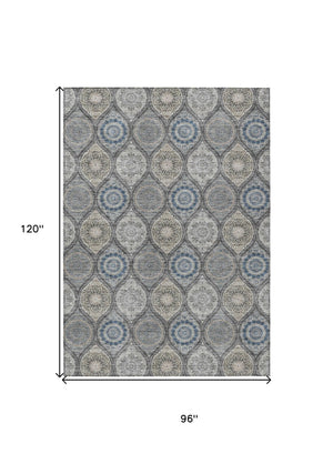HomeRoots 5' Versatile Gray Ivory and Navy Blue Floral Medallion Area Rug for Indoor and Outdoor Spaces 8' X 10' 614590