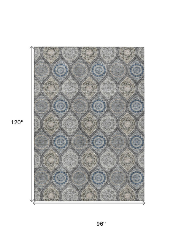 HomeRoots 5' Versatile Gray Ivory and Navy Blue Floral Medallion Area Rug for Indoor and Outdoor Spaces 8' X 10' 614590