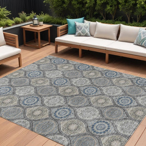 HomeRoots 5' Versatile Gray Ivory and Navy Blue Floral Medallion Area Rug for Indoor and Outdoor Spaces 8' X 10' 614590