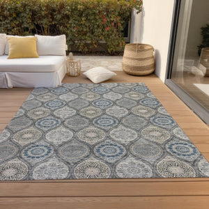 HomeRoots 5' Versatile Gray Ivory and Navy Blue Floral Medallion Area Rug for Indoor and Outdoor Spaces 8' X 10' 614590