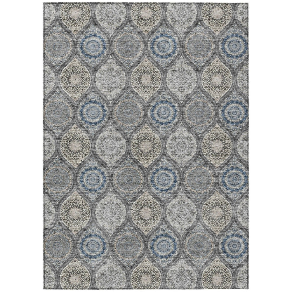 HomeRoots 5' Versatile Gray Ivory and Navy Blue Floral Medallion Area Rug for Indoor and Outdoor Spaces 8' X 10' 614590