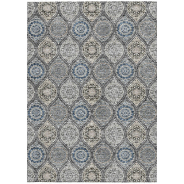 HomeRoots 5' Versatile Gray Ivory and Navy Blue Floral Medallion Area Rug for Indoor and Outdoor Spaces 9' X 12' 614591