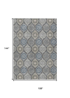 HomeRoots 5' Versatile Gray Ivory and Navy Blue Floral Medallion Area Rug for Indoor and Outdoor Spaces 9' X 12' 614591