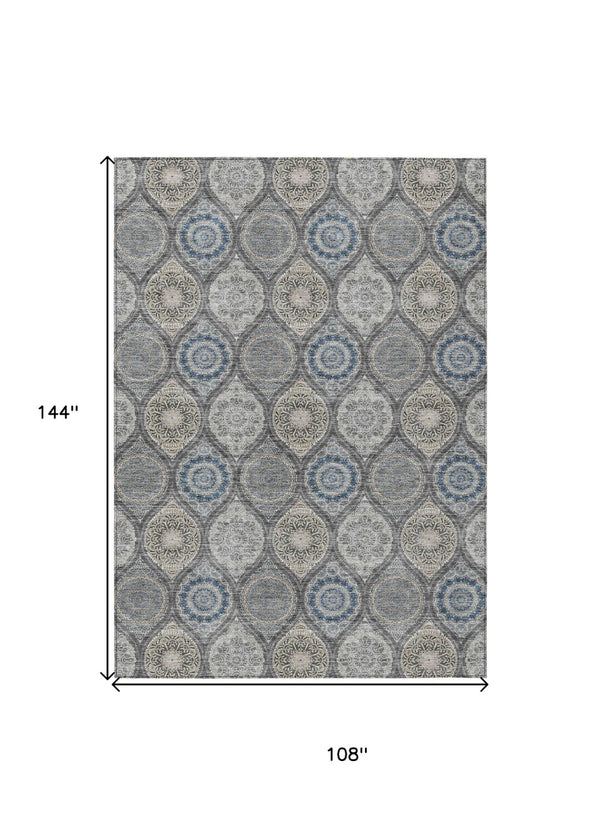 HomeRoots 5' Versatile Gray Ivory and Navy Blue Floral Medallion Area Rug for Indoor and Outdoor Spaces 9' X 12' 614591