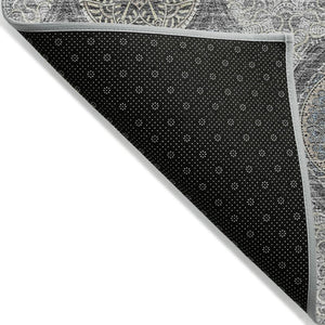 HomeRoots 5' Versatile Gray Ivory and Navy Blue Floral Medallion Area Rug for Indoor and Outdoor Spaces 9' X 12' 614591