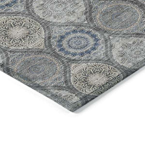 HomeRoots 5' Versatile Gray Ivory and Navy Blue Floral Medallion Area Rug for Indoor and Outdoor Spaces 9' X 12' 614591