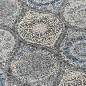 HomeRoots 5' Versatile Gray Ivory and Navy Blue Floral Medallion Area Rug for Indoor and Outdoor Spaces 9' X 12' 614591