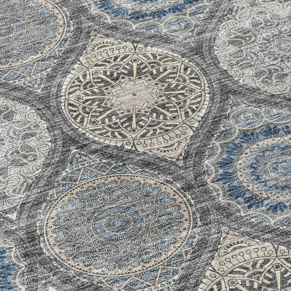 HomeRoots 5' Versatile Gray Ivory and Navy Blue Floral Medallion Area Rug for Indoor and Outdoor Spaces 9' X 12' 614591