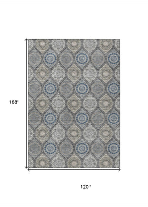 HomeRoots 5' Versatile Gray Ivory and Navy Blue Floral Medallion Area Rug for Indoor and Outdoor Spaces 10' X 14' 614592