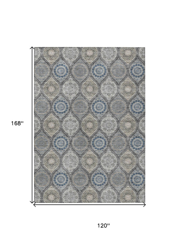 HomeRoots 5' Versatile Gray Ivory and Navy Blue Floral Medallion Area Rug for Indoor and Outdoor Spaces 10' X 14' 614592