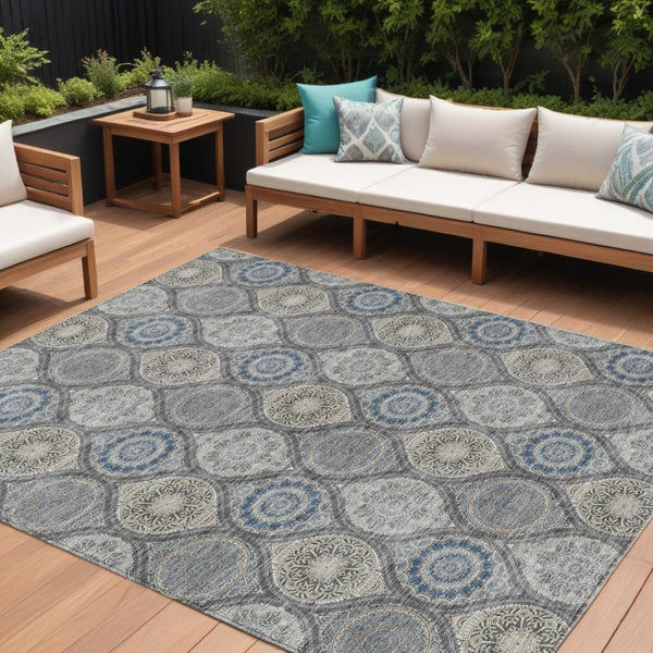 HomeRoots 5' Versatile Gray Ivory and Navy Blue Floral Medallion Area Rug for Indoor and Outdoor Spaces 10' X 14' 614592