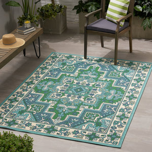 Christopher Knight Home® - Noble House - Houston Outdoor 5'3" X 7' Oriental Area Rug, Ivory and Blue