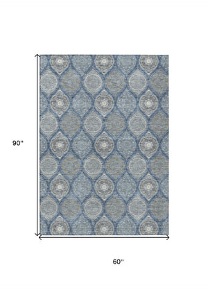 HomeRoots 5' Timeless Floral Medallion Indoor Outdoor Area Rug in Navy Blue, Ivory, and Taupe for Any Space 5' X 8' 614606