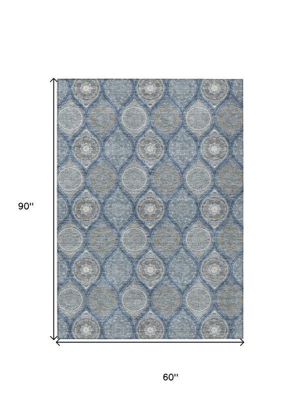 HomeRoots 5' Timeless Floral Medallion Indoor Outdoor Area Rug in Navy Blue, Ivory, and Taupe for Any Space 5' X 8' 614606