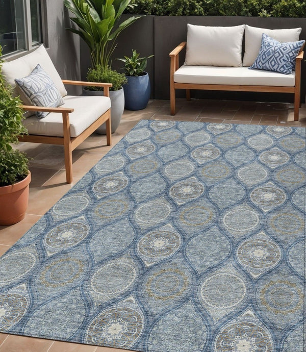 HomeRoots 5' Timeless Floral Medallion Indoor Outdoor Area Rug in Navy Blue, Ivory, and Taupe for Any Space 5' X 8' 614606