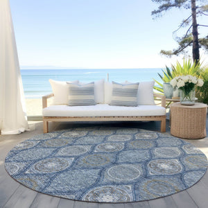 HomeRoots 5' Timeless Floral Medallion Indoor Outdoor Area Rug in Navy Blue, Ivory, and Taupe for Any Space 8' Round 614607