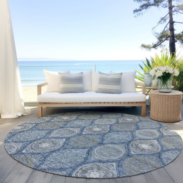 HomeRoots 5' Timeless Floral Medallion Indoor Outdoor Area Rug in Navy Blue, Ivory, and Taupe for Any Space 8' Round 614607