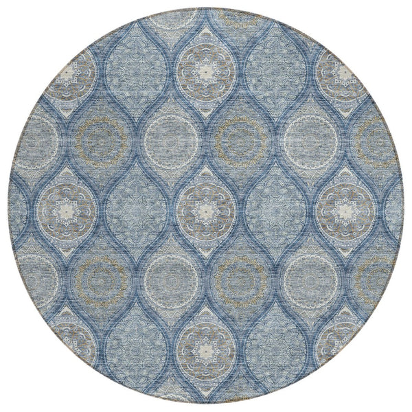 HomeRoots 5' Timeless Floral Medallion Indoor Outdoor Area Rug in Navy Blue, Ivory, and Taupe for Any Space 8' Round 614607