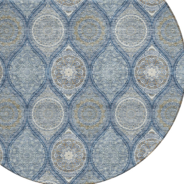 HomeRoots 5' Timeless Floral Medallion Indoor Outdoor Area Rug in Navy Blue, Ivory, and Taupe for Any Space 8' Round 614607