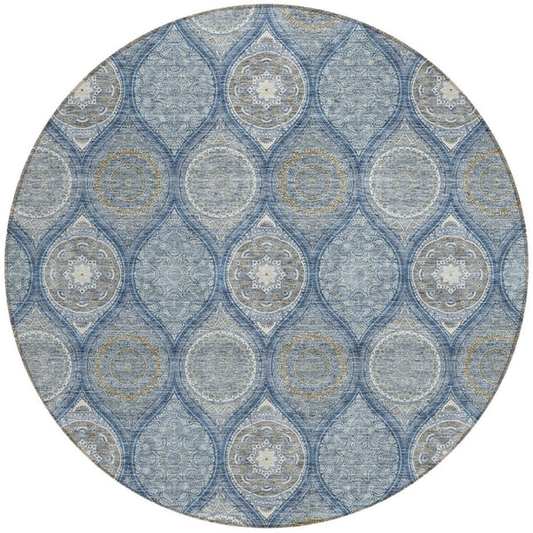 HomeRoots 5' Timeless Floral Medallion Indoor Outdoor Area Rug in Navy Blue, Ivory, and Taupe for Any Space 8' Round 614607