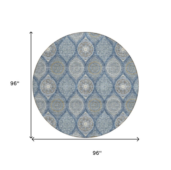 HomeRoots 5' Timeless Floral Medallion Indoor Outdoor Area Rug in Navy Blue, Ivory, and Taupe for Any Space 8' Round 614607