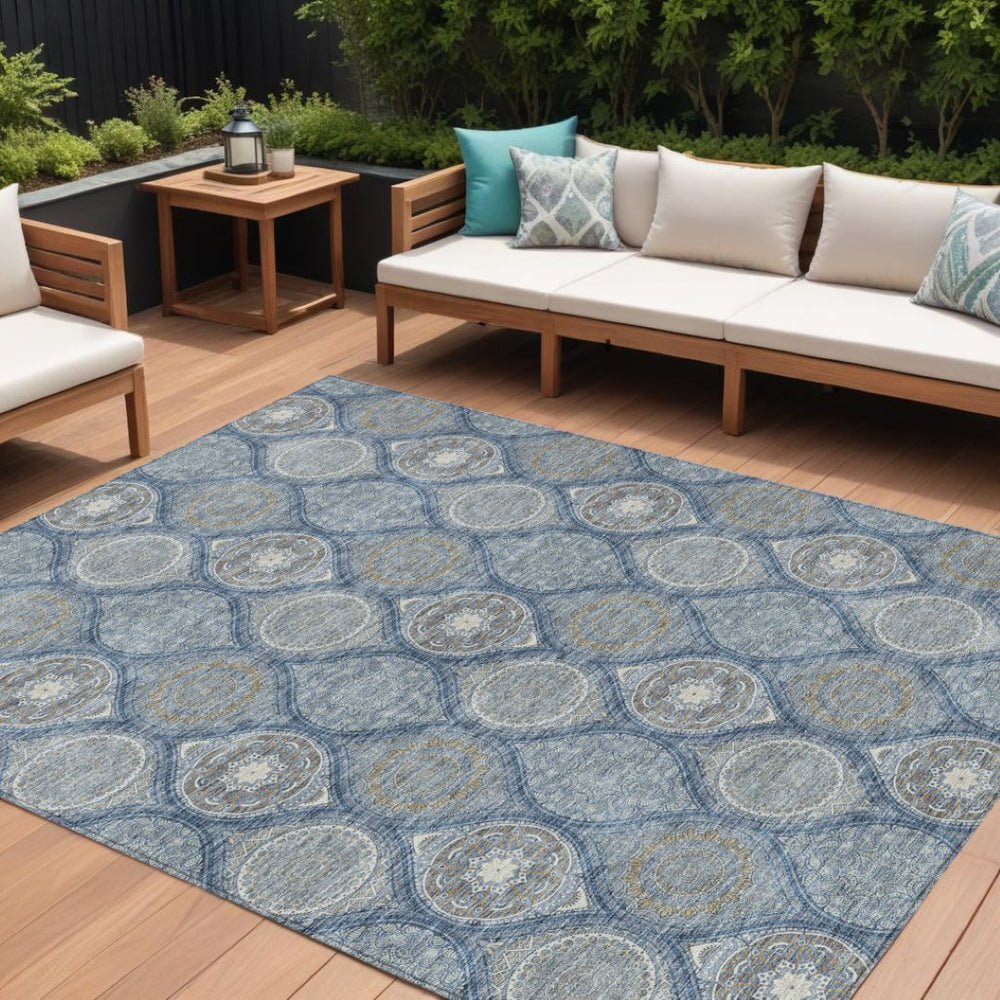 HomeRoots 5' Timeless Floral Medallion Indoor Outdoor Area Rug in Navy Blue, Ivory, and Taupe for Any Space 8' X 10' 614608