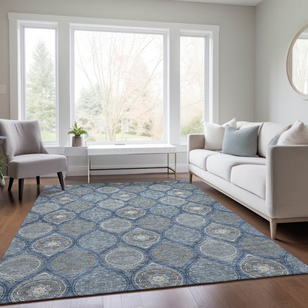 HomeRoots 5' Timeless Floral Medallion Indoor Outdoor Area Rug in Navy Blue, Ivory, and Taupe for Any Space 9' X 12' 614609