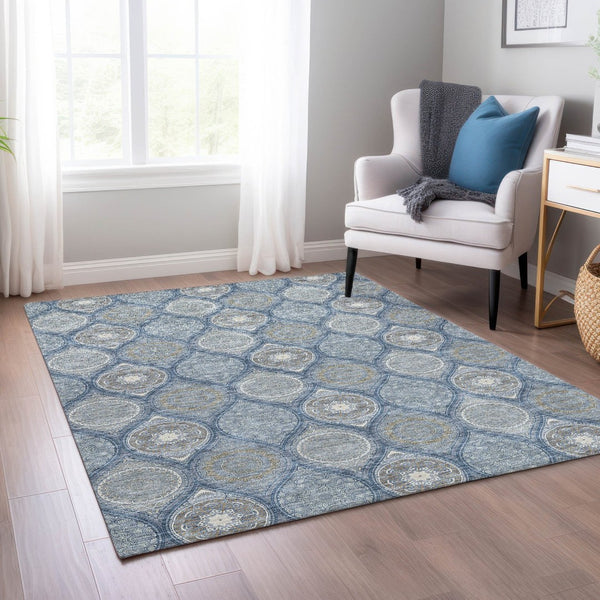 HomeRoots 5' Timeless Floral Medallion Indoor Outdoor Area Rug in Navy Blue, Ivory, and Taupe for Any Space 10' X 14' 614610