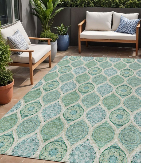 HomeRoots 5' Floral Medallion Area Rug in Sage, Ivory & Teal Blue – Durable, Washable Design for Indoor/Outdoor Use 5' X 8' 614630