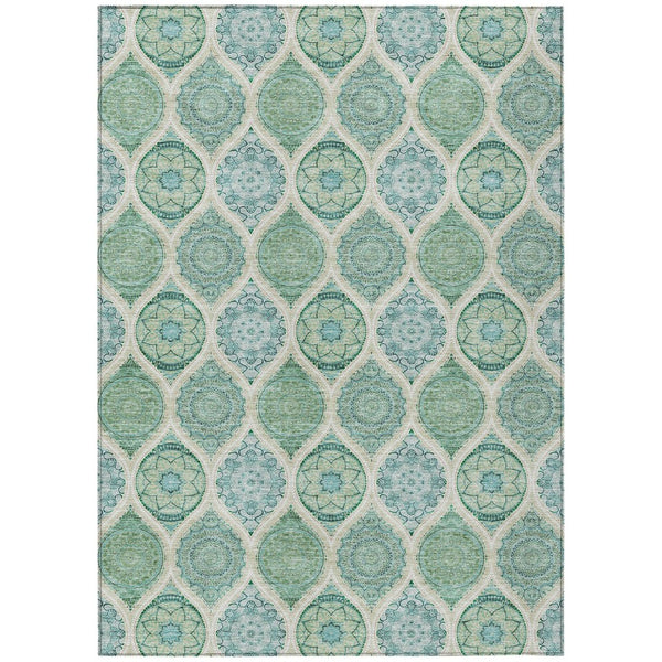 HomeRoots 5' Floral Medallion Area Rug in Sage, Ivory & Teal Blue – Durable, Washable Design for Indoor/Outdoor Use 5' X 8' 614630