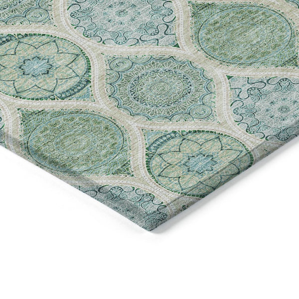HomeRoots 5' Floral Medallion Area Rug in Sage, Ivory & Teal Blue – Durable, Washable Design for Indoor/Outdoor Use 5' X 8' 614630