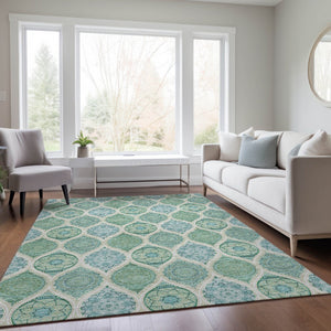 HomeRoots 5' Floral Medallion Area Rug in Sage, Ivory & Teal Blue – Durable, Washable Design for Indoor/Outdoor Use 5' X 8' 614630