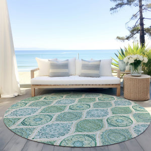 HomeRoots 5' Floral Medallion Area Rug in Sage, Ivory & Teal Blue – Durable, Washable Design for Indoor/Outdoor Use 8' Round 614631