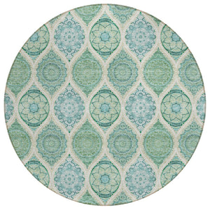 HomeRoots 5' Floral Medallion Area Rug in Sage, Ivory & Teal Blue – Durable, Washable Design for Indoor/Outdoor Use 8' Round 614631
