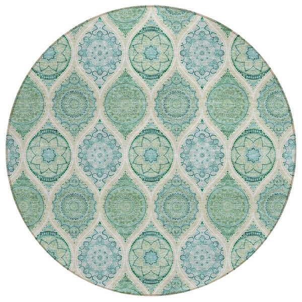 HomeRoots 5' Floral Medallion Area Rug in Sage, Ivory & Teal Blue – Durable, Washable Design for Indoor/Outdoor Use 8' Round 614631