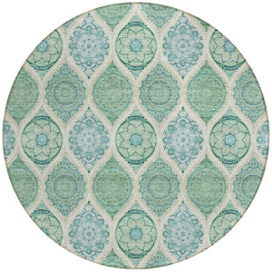 HomeRoots 5' Floral Medallion Area Rug in Sage, Ivory & Teal Blue – Durable, Washable Design for Indoor/Outdoor Use 8' Round 614631