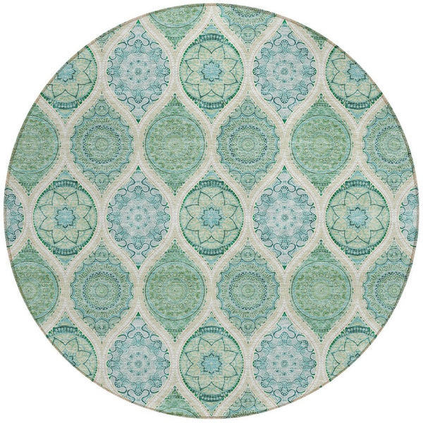 HomeRoots 5' Floral Medallion Area Rug in Sage, Ivory & Teal Blue – Durable, Washable Design for Indoor/Outdoor Use 8' Round 614631