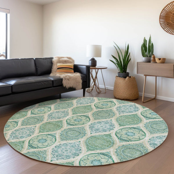 HomeRoots 5' Floral Medallion Area Rug in Sage, Ivory & Teal Blue – Durable, Washable Design for Indoor/Outdoor Use 8' Round 614631