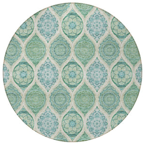 HomeRoots 5' Floral Medallion Area Rug in Sage, Ivory & Teal Blue – Durable, Washable Design for Indoor/Outdoor Use 8' Round 614631