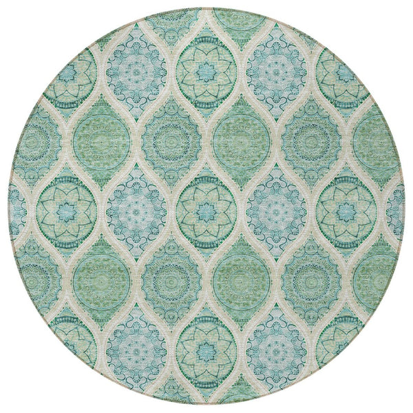 HomeRoots 5' Floral Medallion Area Rug in Sage, Ivory & Teal Blue – Durable, Washable Design for Indoor/Outdoor Use 8' Round 614631