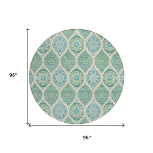HomeRoots 5' Floral Medallion Area Rug in Sage, Ivory & Teal Blue – Durable, Washable Design for Indoor/Outdoor Use 8' Round 614631