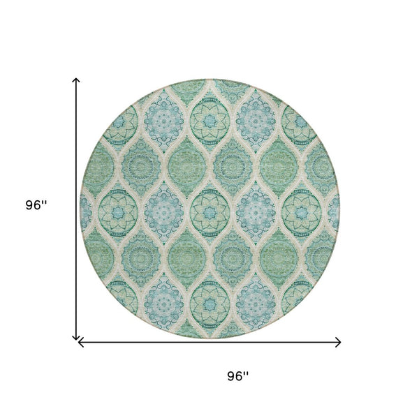 HomeRoots 5' Floral Medallion Area Rug in Sage, Ivory & Teal Blue – Durable, Washable Design for Indoor/Outdoor Use 8' Round 614631