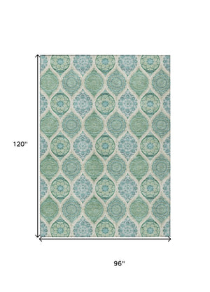 HomeRoots 5' Floral Medallion Area Rug in Sage, Ivory & Teal Blue – Durable, Washable Design for Indoor/Outdoor Use 8' X 10' 614632