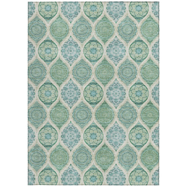 HomeRoots 5' Floral Medallion Area Rug in Sage, Ivory & Teal Blue – Durable, Washable Design for Indoor/Outdoor Use 9' X 12' 614633