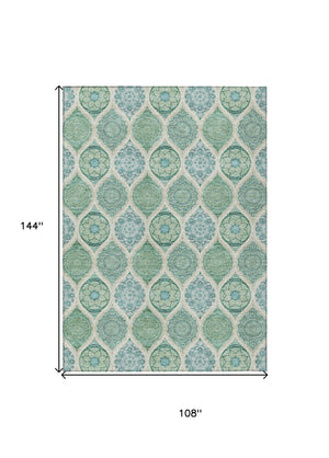 HomeRoots 5' Floral Medallion Area Rug in Sage, Ivory & Teal Blue – Durable, Washable Design for Indoor/Outdoor Use 9' X 12' 614633