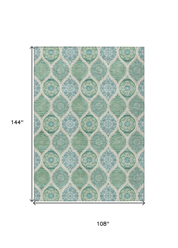 HomeRoots 5' Floral Medallion Area Rug in Sage, Ivory & Teal Blue – Durable, Washable Design for Indoor/Outdoor Use 9' X 12' 614633