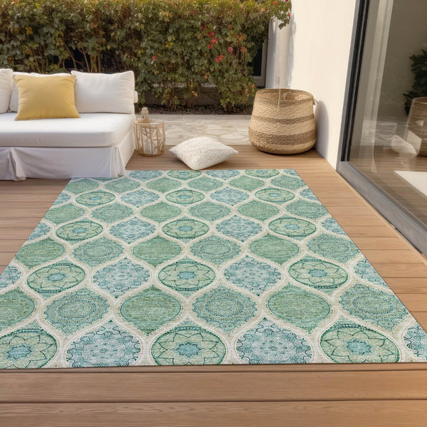HomeRoots 5' Floral Medallion Area Rug in Sage, Ivory & Teal Blue – Durable, Washable Design for Indoor/Outdoor Use 9' X 12' 614633