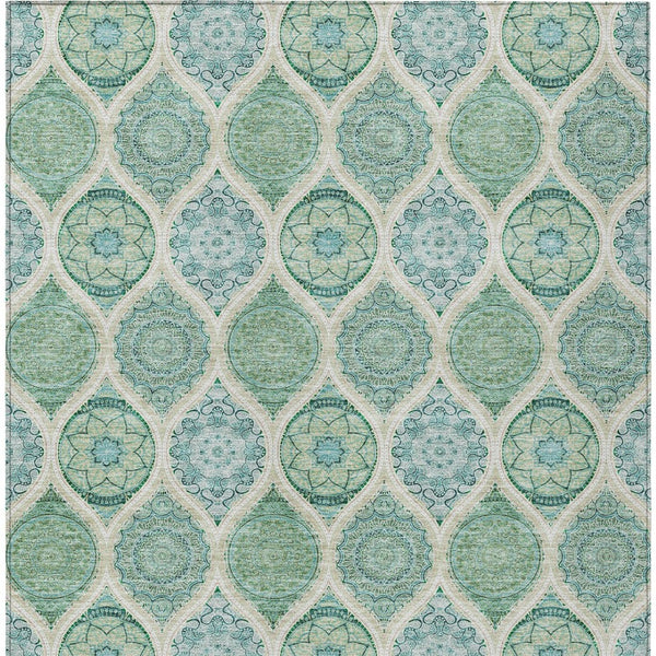 HomeRoots 5' Floral Medallion Area Rug in Sage, Ivory & Teal Blue – Durable, Washable Design for Indoor/Outdoor Use 10' X 14' 614634