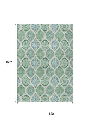 HomeRoots 5' Floral Medallion Area Rug in Sage, Ivory & Teal Blue – Durable, Washable Design for Indoor/Outdoor Use 10' X 14' 614634